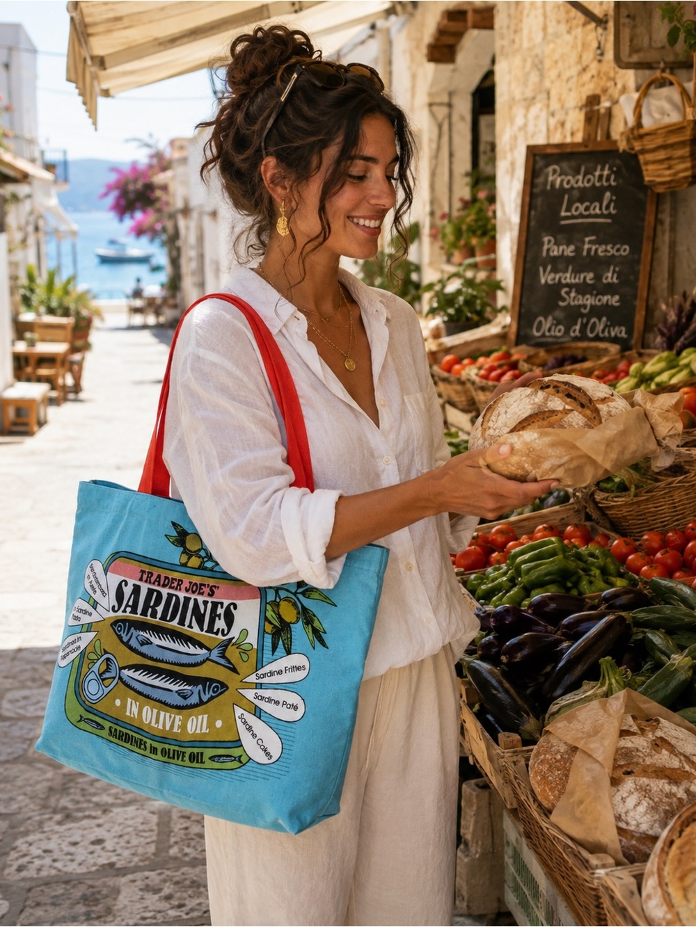 Trader Joe's Aqua SARDINES Tote Bag with Red Handles NEW